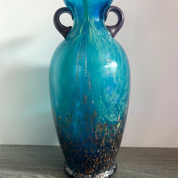 Dale Tiffany Favrile Amphora Art Glass Teal Blue Copper Aventurine 10" Vase EUC - Picture 6 of 10
